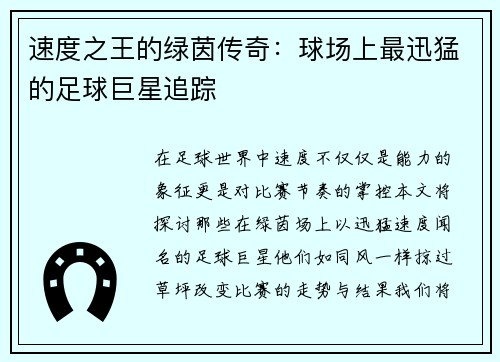 速度之王的绿茵传奇：球场上最迅猛的足球巨星追踪