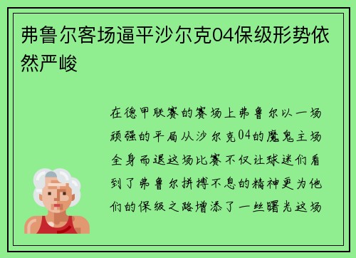 弗鲁尔客场逼平沙尔克04保级形势依然严峻